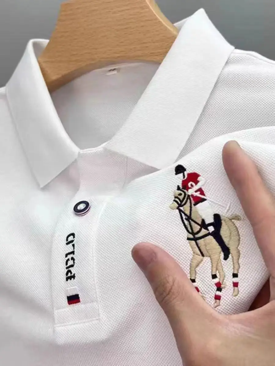 Men's White Embroidered Polo Shirt with Horse Design - Image 2
