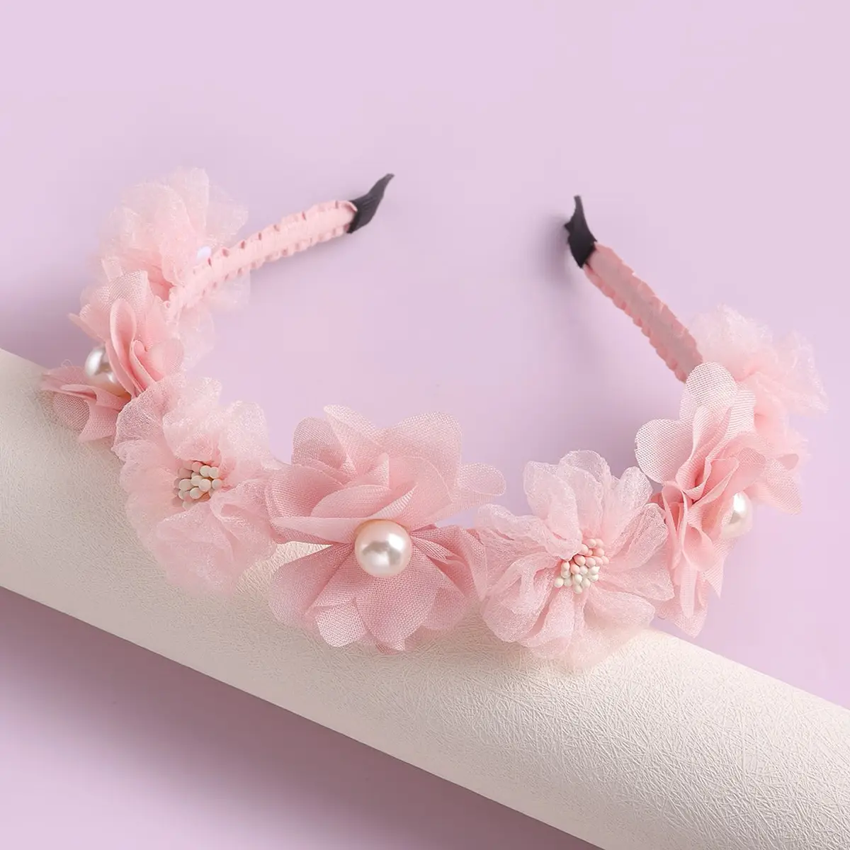 Pink Floral Hairband with Pearl Centerpiece