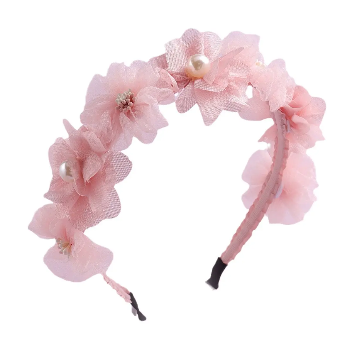Pink Floral Hairband with Pearl Centerpiece