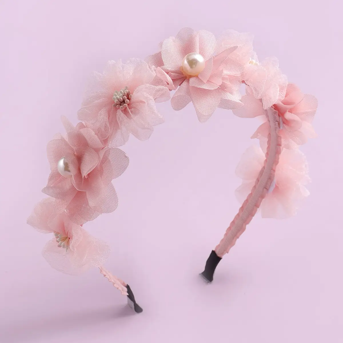 Pink Floral Hairband with Pearl Centerpiece — feature 4
