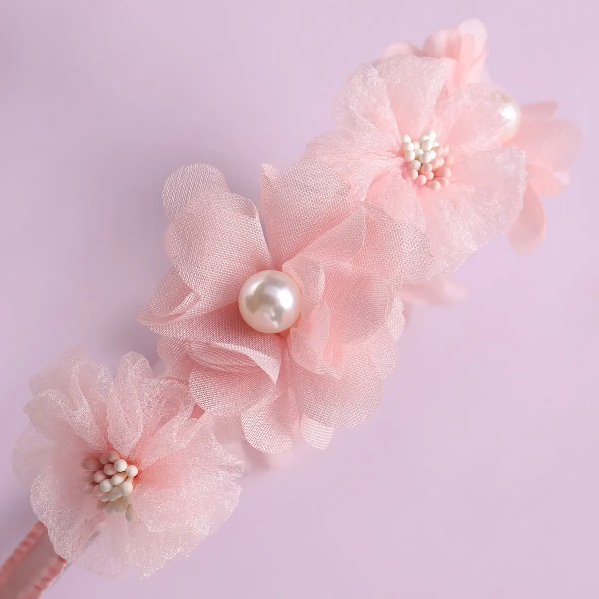 Pink Floral Hairband with Pearl Centerpiece — feature 6