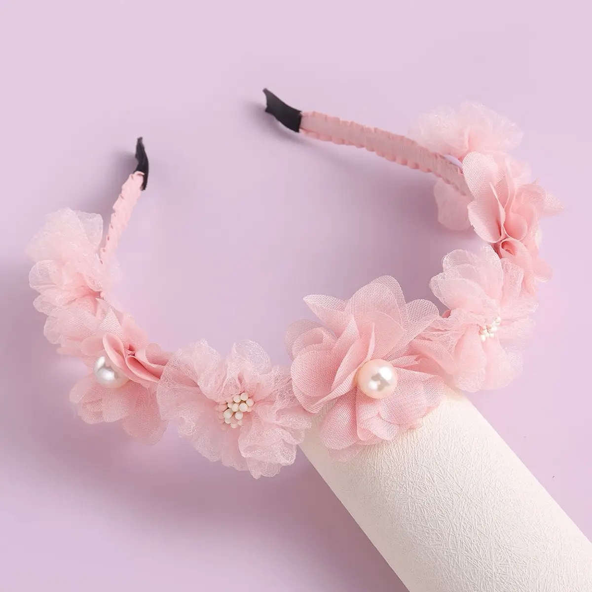 Pink Floral Hairband with Pearl Centerpiece — feature 7