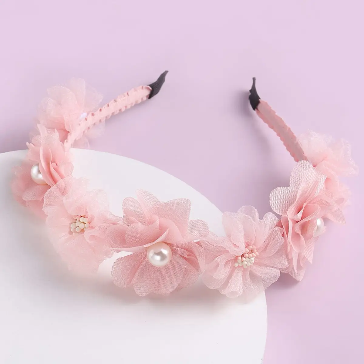 Pink Floral Hairband with Pearl Centerpiece — feature 8