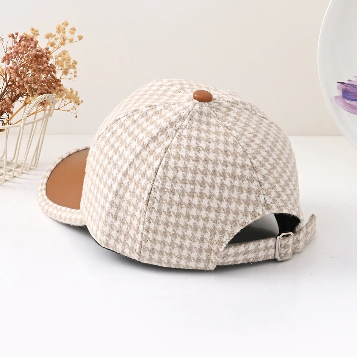 Korean Style Houndstooth Cap with Leather Bristle for Women - Image 3