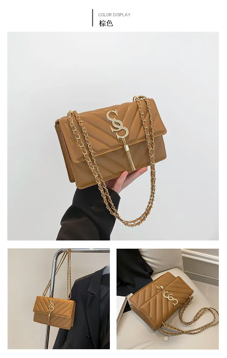 Women's tan quilted shoulder bag with chain strap — feature 22