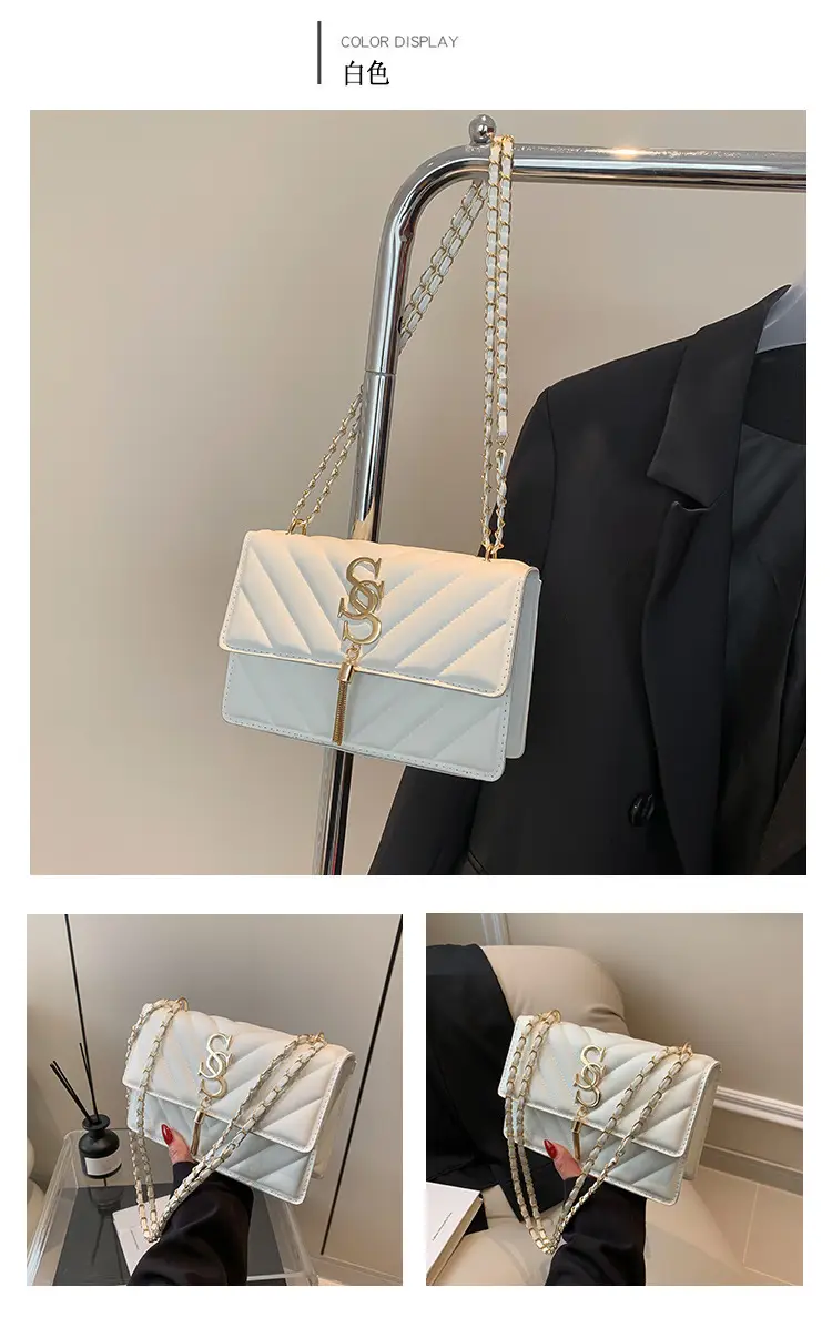 Women's tan quilted shoulder bag with chain strap — feature 24