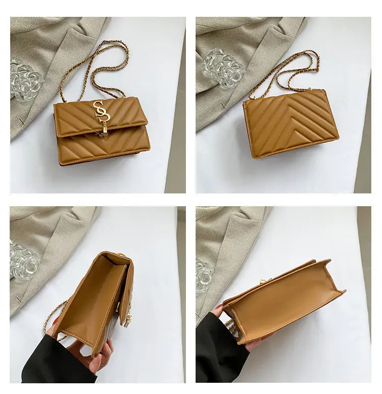 Women's tan quilted shoulder bag with chain strap — feature 6