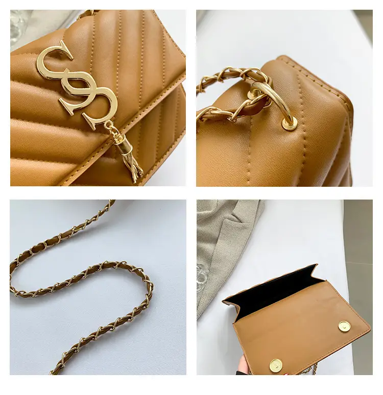 Women's tan quilted shoulder bag with chain strap — feature 7