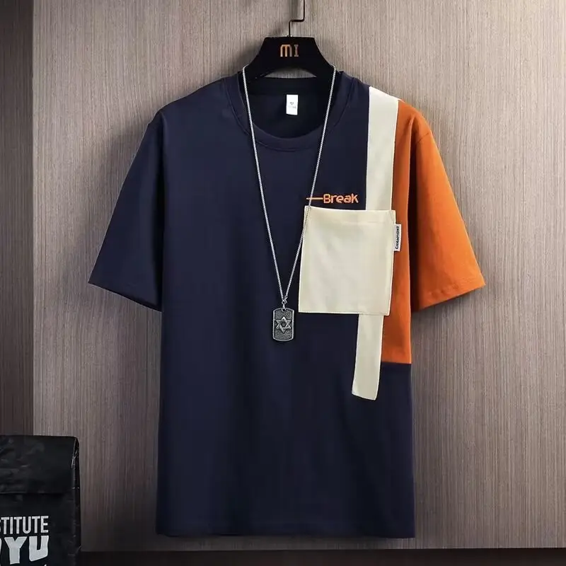 Men's Contrast Color T-Shirt Summer Loose Fit Short Sleeve