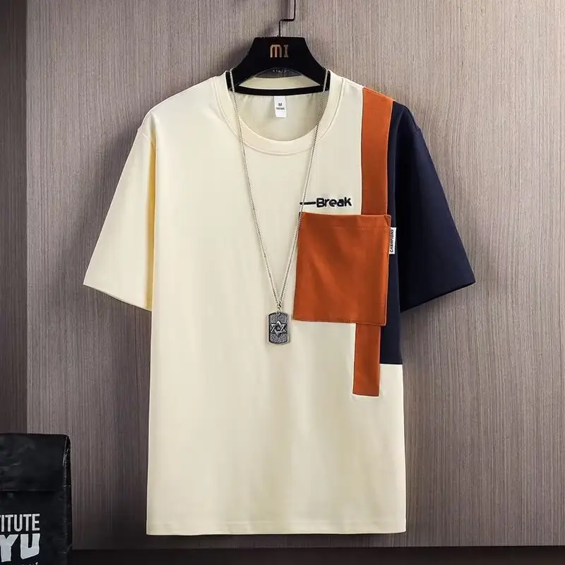 Men's Contrast Color T-Shirt Summer Loose Fit Short Sleeve