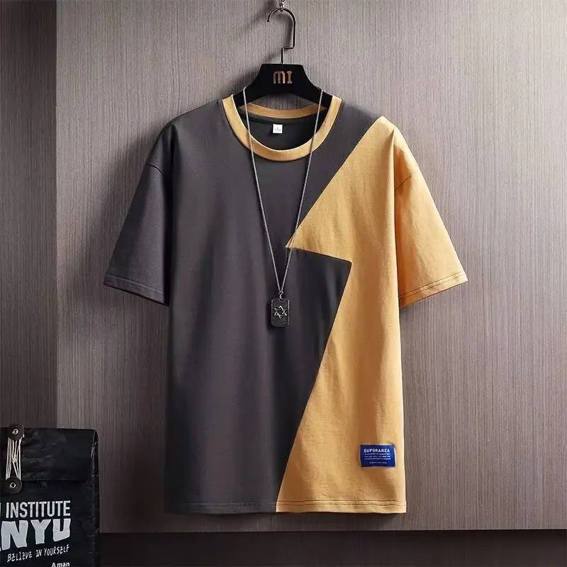 Men's Contrast Color T-Shirt Summer Loose Fit Short Sleeve