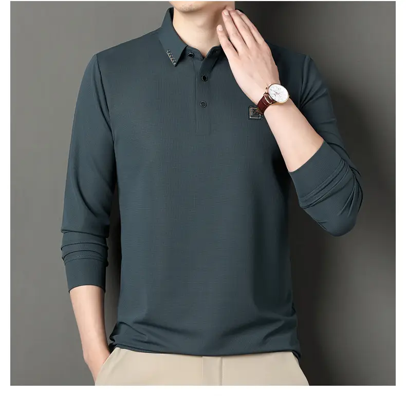 Men's Dark Blue Polo Long Sleeve T-Shirt — feature 12