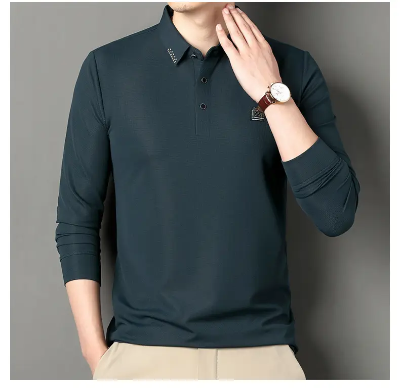 Men's Dark Blue Polo Long Sleeve T-Shirt — feature 16