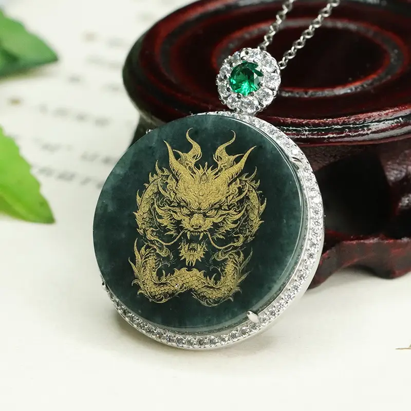 Aiyu Dragon Pendant with Gold Embroidery & Green Jade - Image 3