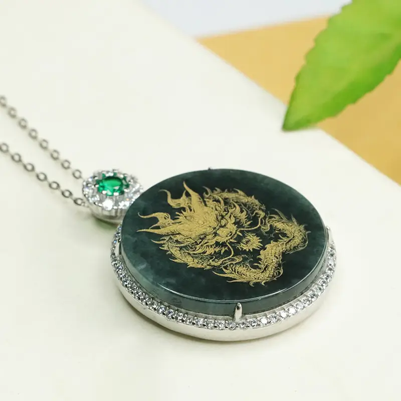Aiyu Dragon Pendant with Gold Embroidery & Green Jade - Image 4