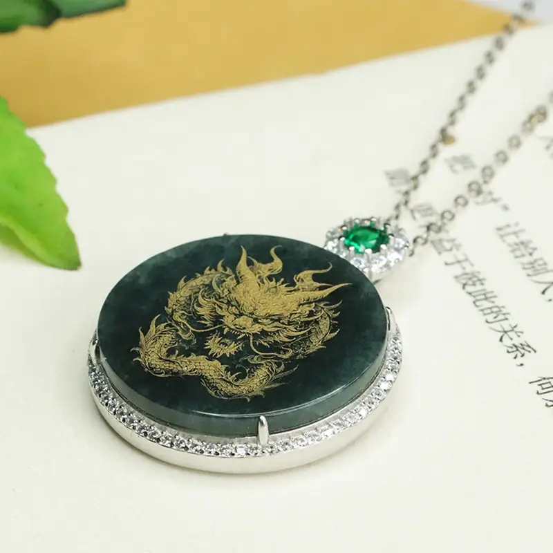 Aiyu Dragon Pendant with Gold Embroidery & Green Jade - Image 5