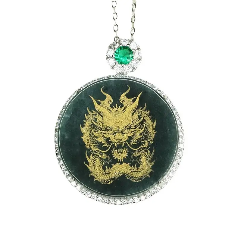 Aiyu Dragon Pendant with Gold Embroidery & Green Jade - Image 6
