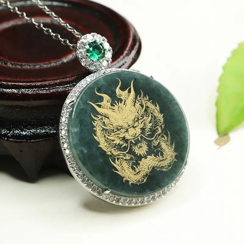 Aiyu Dragon Pendant with Gold Embroidery & Green Jade — feature 5