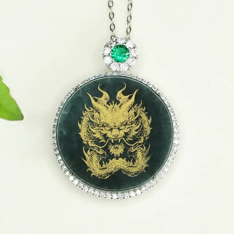 Aiyu Dragon Pendant with Gold Embroidery & Green Jade — feature 7
