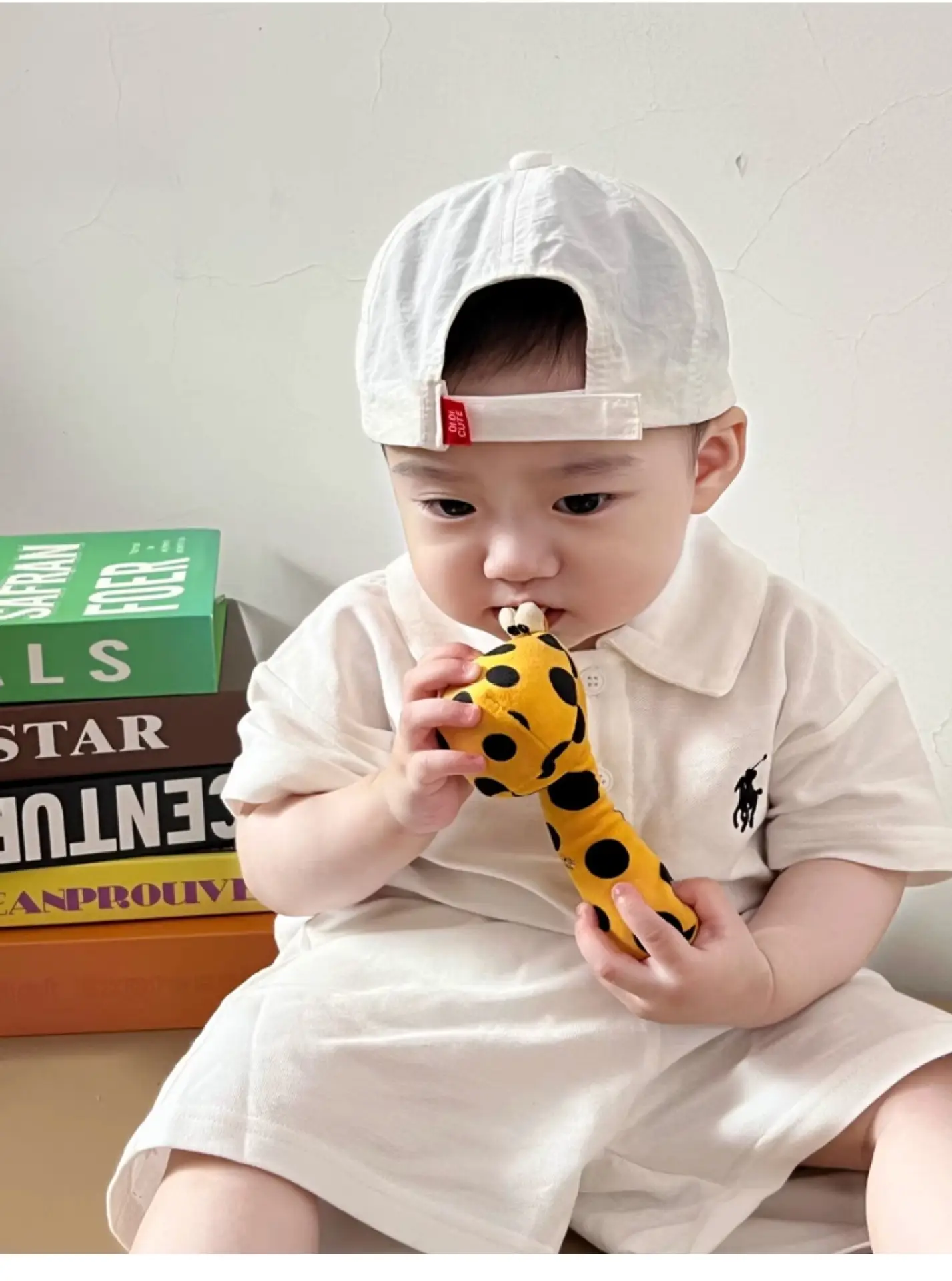 Baby Polo Shirt with Leopard Print Cap White