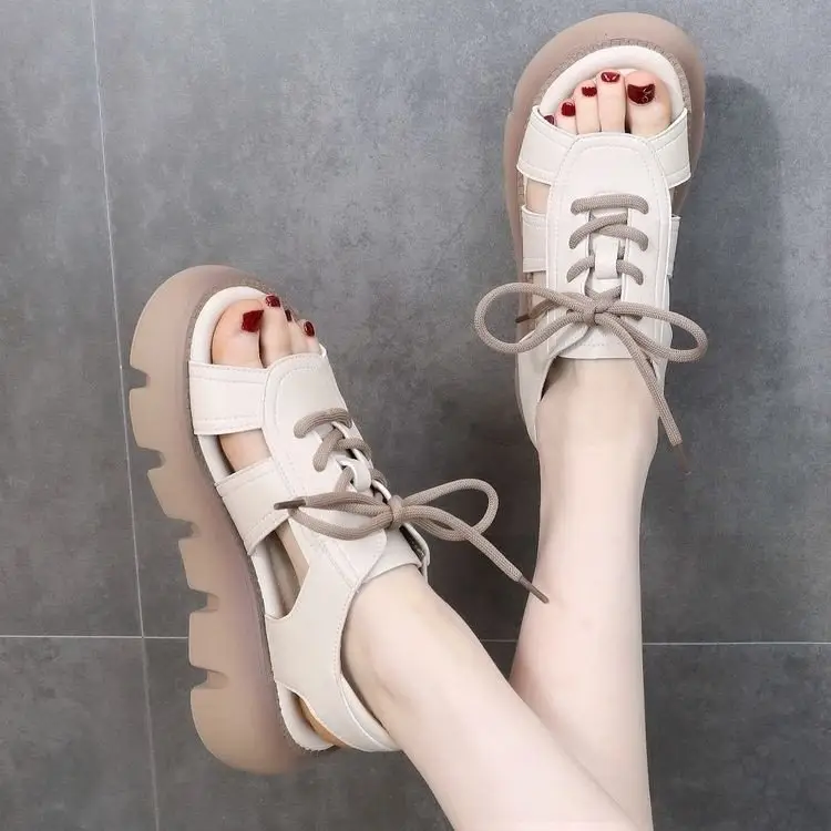 Leather sandals women's summer 2024 new fashion platform mid heel dress outer wear online celebrity Roman sandals