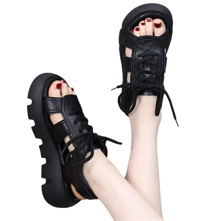 Leather sandals women's summer 2024 new fashion platform mid heel dress outer wear online celebrity Roman sandals