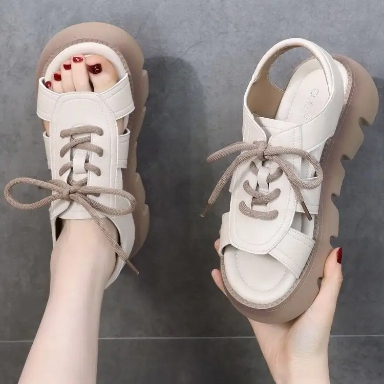 Leather sandals women's summer 2024 new fashion platform mid heel dress outer wear online celebrity Roman sandals — feature 1