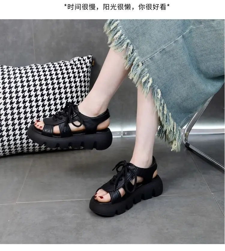 Leather sandals women's summer 2024 new fashion platform mid heel dress outer wear online celebrity Roman sandals — feature 11