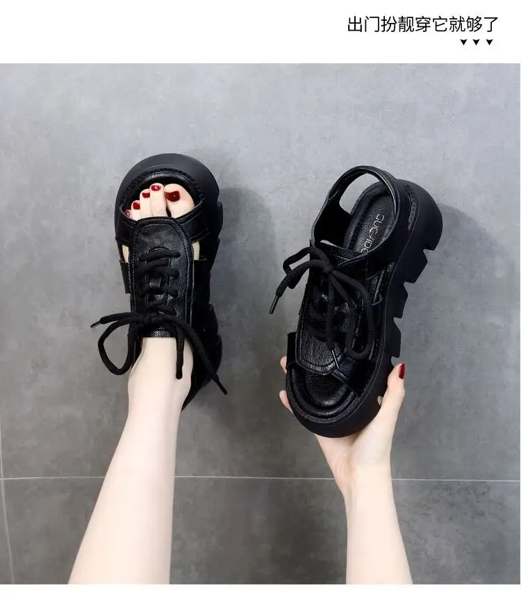 Leather sandals women's summer 2024 new fashion platform mid heel dress outer wear online celebrity Roman sandals — feature 12