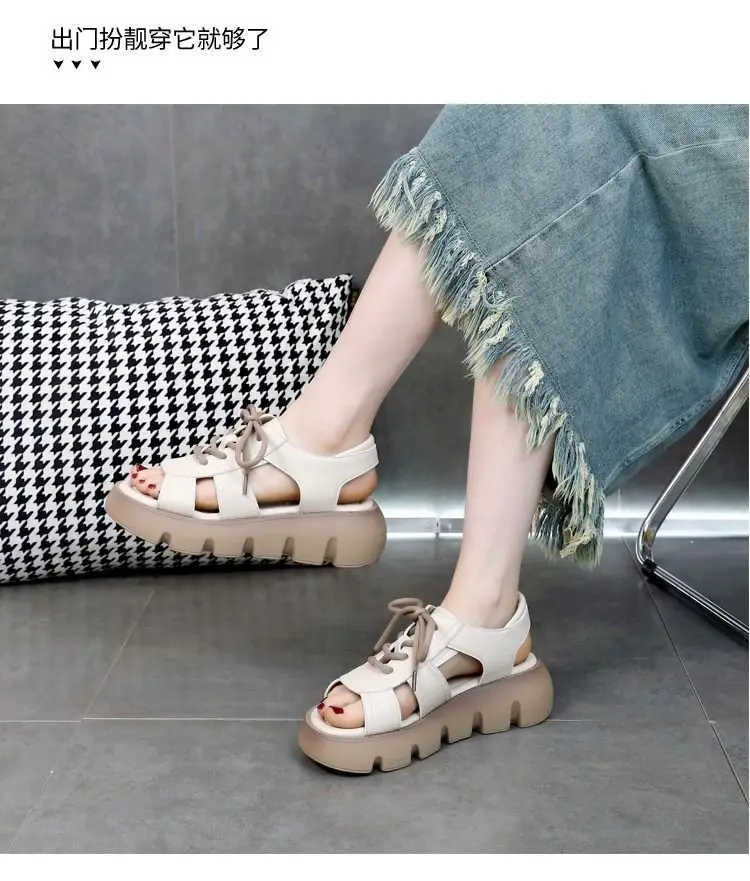 Leather sandals women's summer 2024 new fashion platform mid heel dress outer wear online celebrity Roman sandals — feature 5