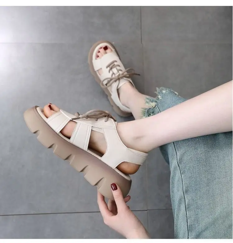 Leather sandals women's summer 2024 new fashion platform mid heel dress outer wear online celebrity Roman sandals — feature 6