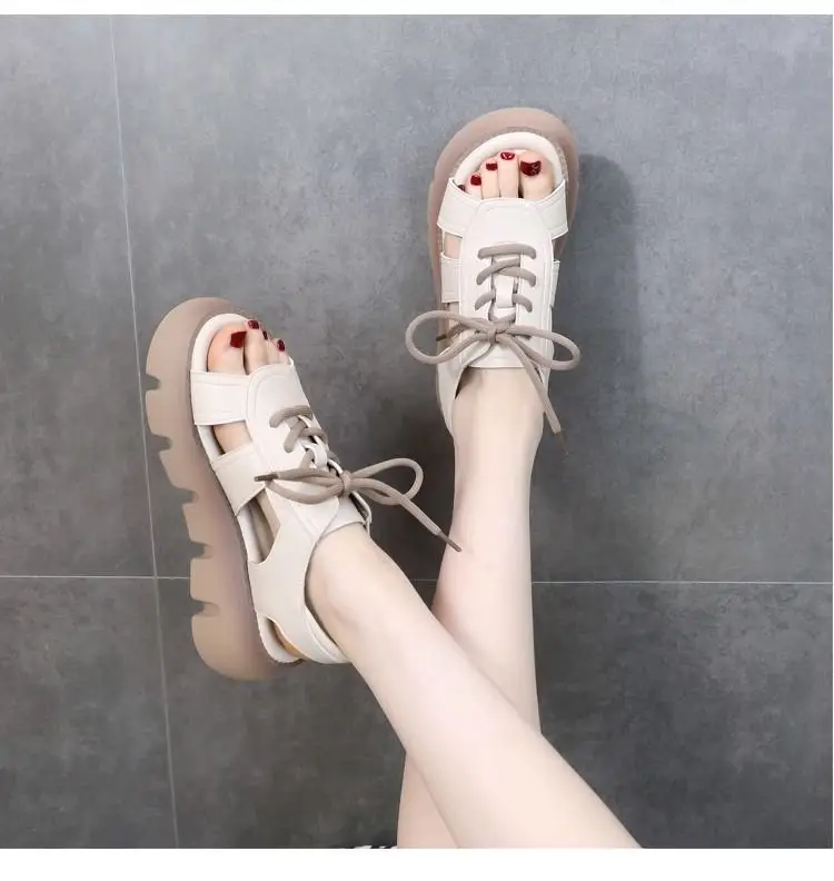 Leather sandals women's summer 2024 new fashion platform mid heel dress outer wear online celebrity Roman sandals — feature 7