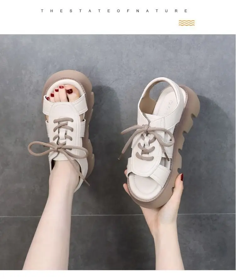 Leather sandals women's summer 2024 new fashion platform mid heel dress outer wear online celebrity Roman sandals — feature 8