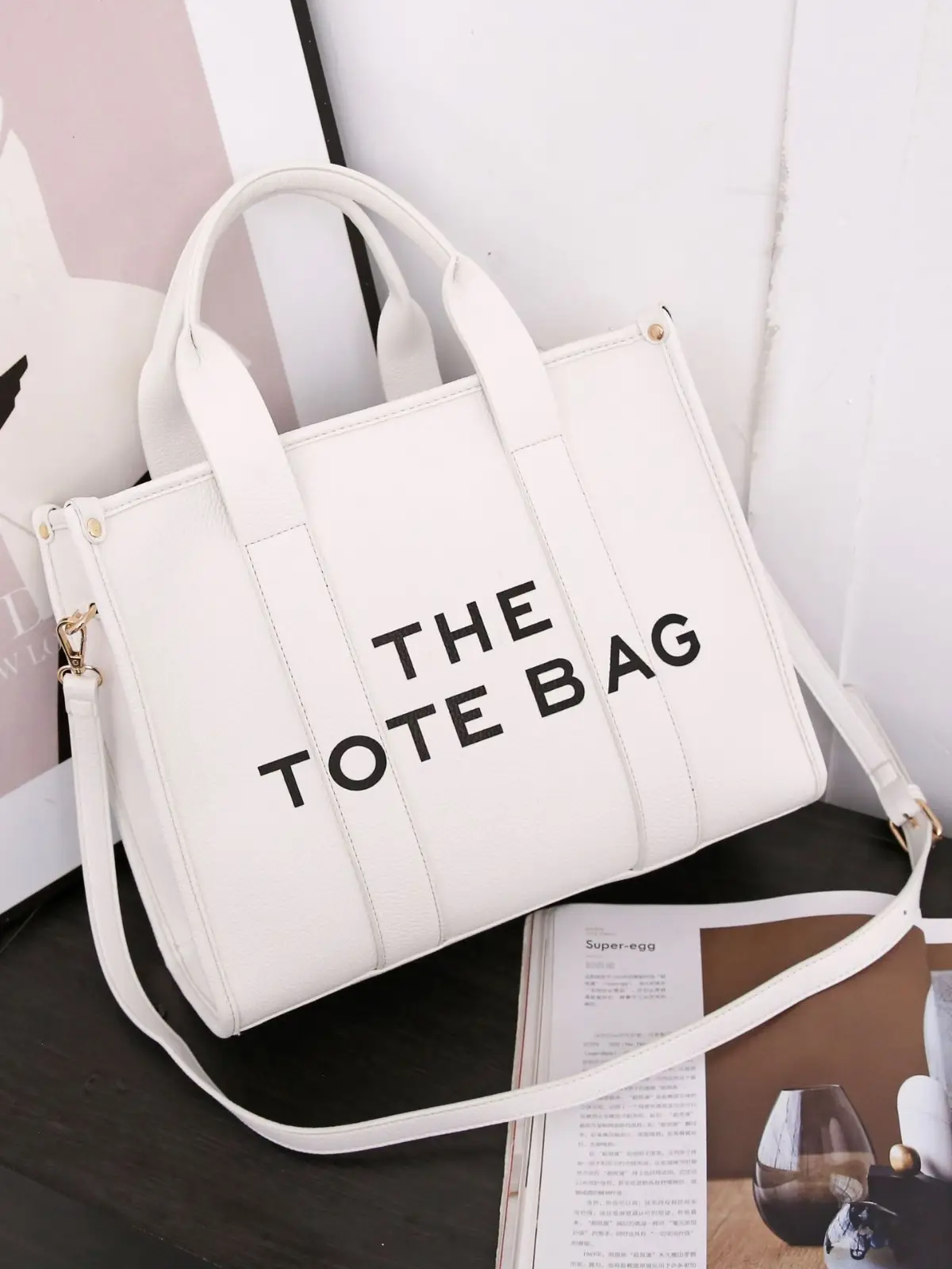 High-end Korean Letter Tote Bag Beige Lightweight Shoulder Bag - Image 9