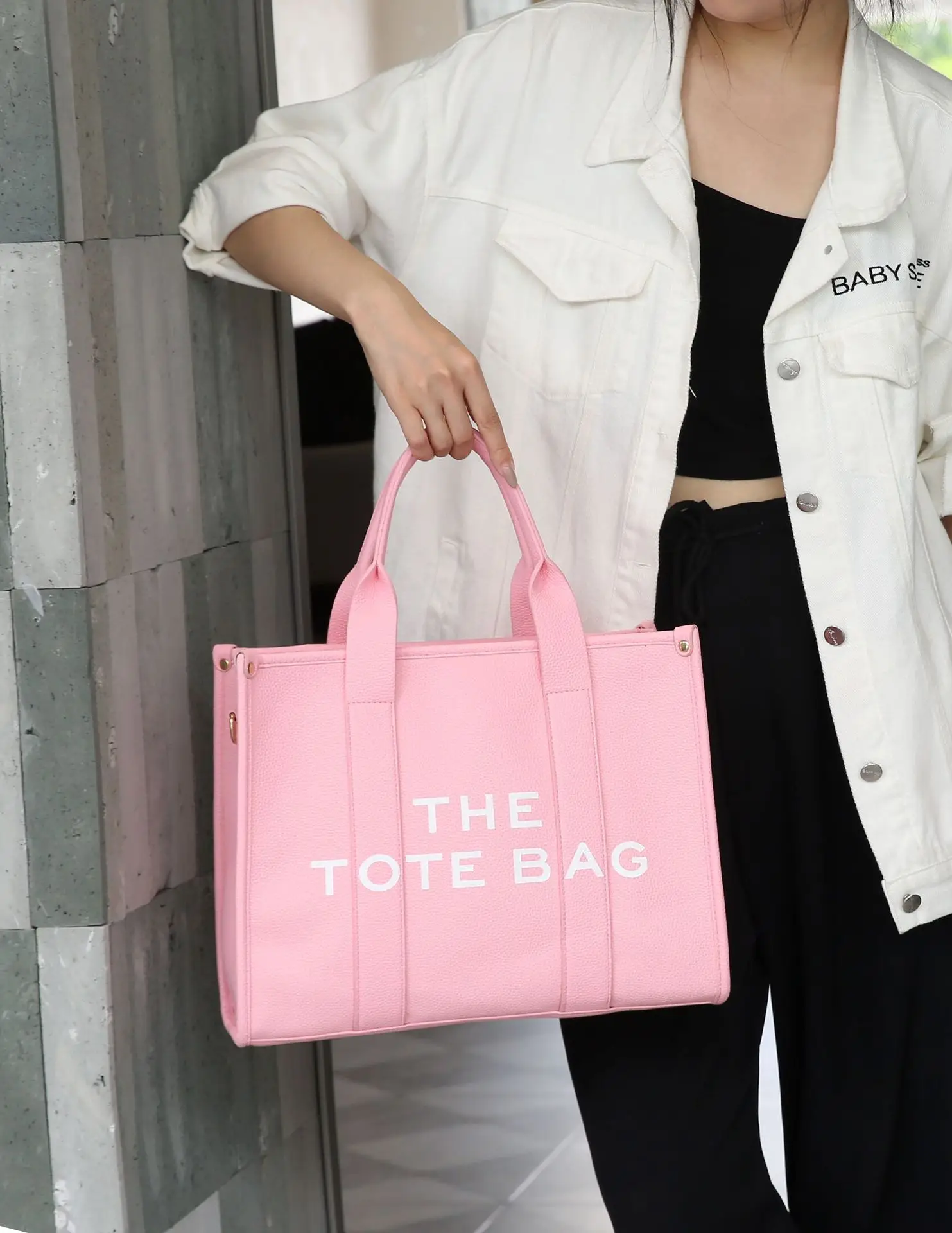 High-end Korean Letter Tote Bag Beige Lightweight Shoulder Bag - Image 5