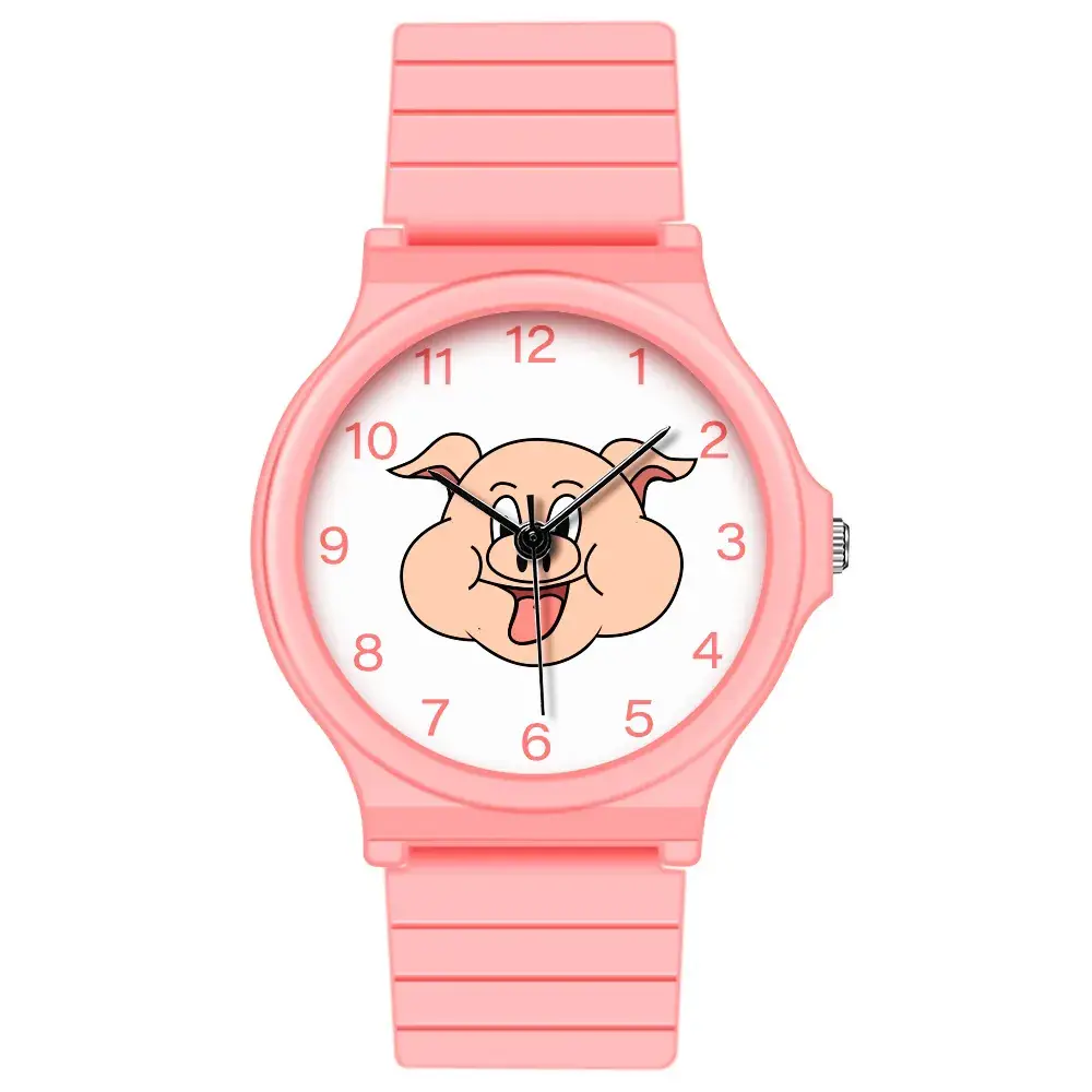 Pink Cartoon Watch for Kids with Pig Design