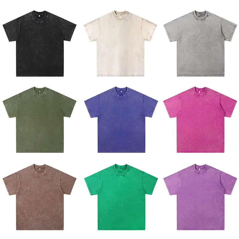 Distressed Cotton T-Shirt Brown Round Neck Wash Thickened - Image 12