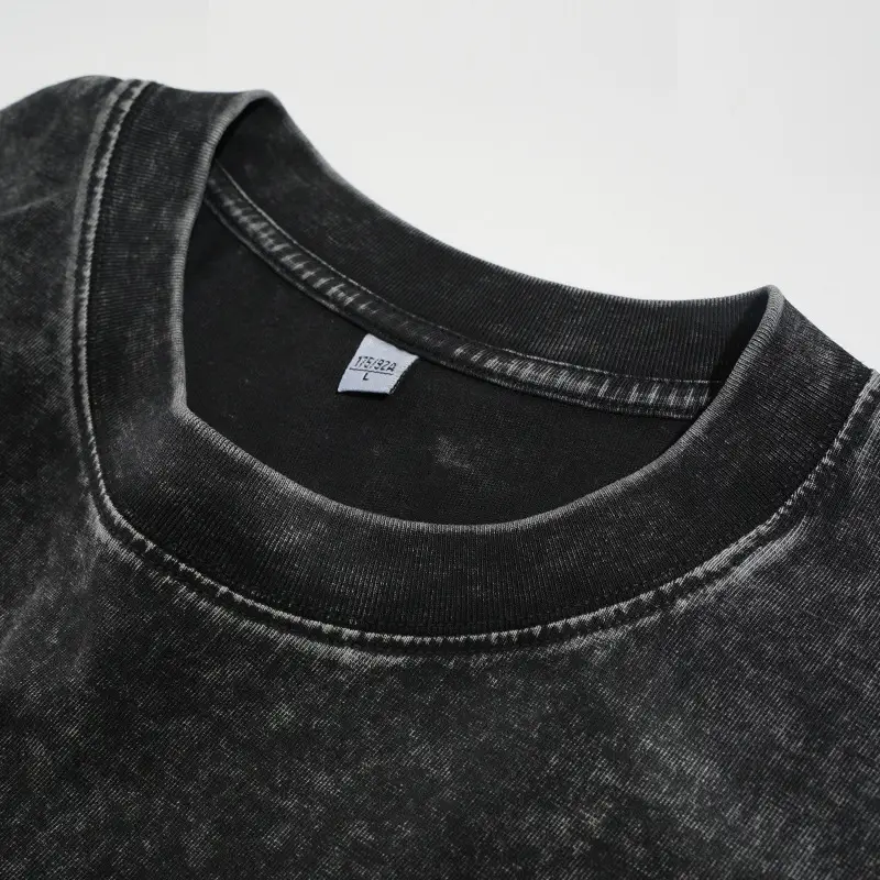 Distressed Cotton T-Shirt Brown Round Neck Wash Thickened - Image 13