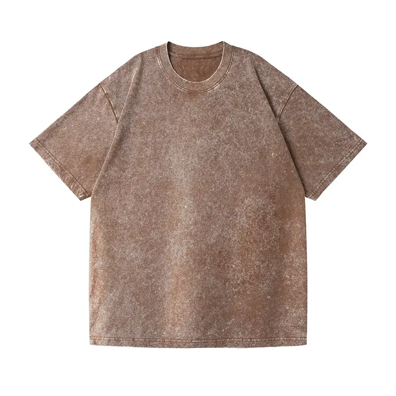 Distressed Cotton T-Shirt Brown Round Neck Wash Thickened - Image 4