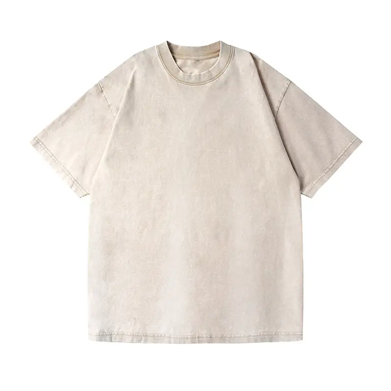 Distressed Cotton T-Shirt Brown Round Neck Wash Thickened - Image 2