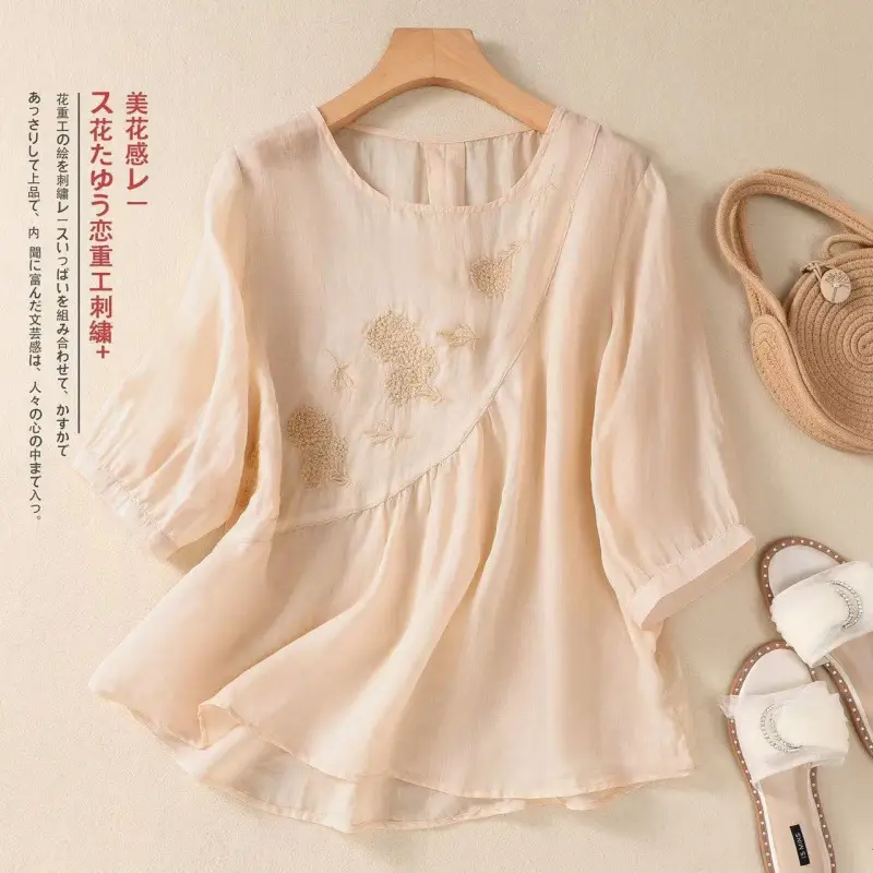 New Shirt T-Shirt Summer Pure Color New Literary Retro Embroidered Cotton and Linen Shirt Loose Round Neck Pullover Top