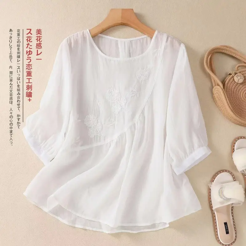 New Shirt T-Shirt Summer Pure Color New Literary Retro Embroidered Cotton and Linen Shirt Loose Round Neck Pullover Top