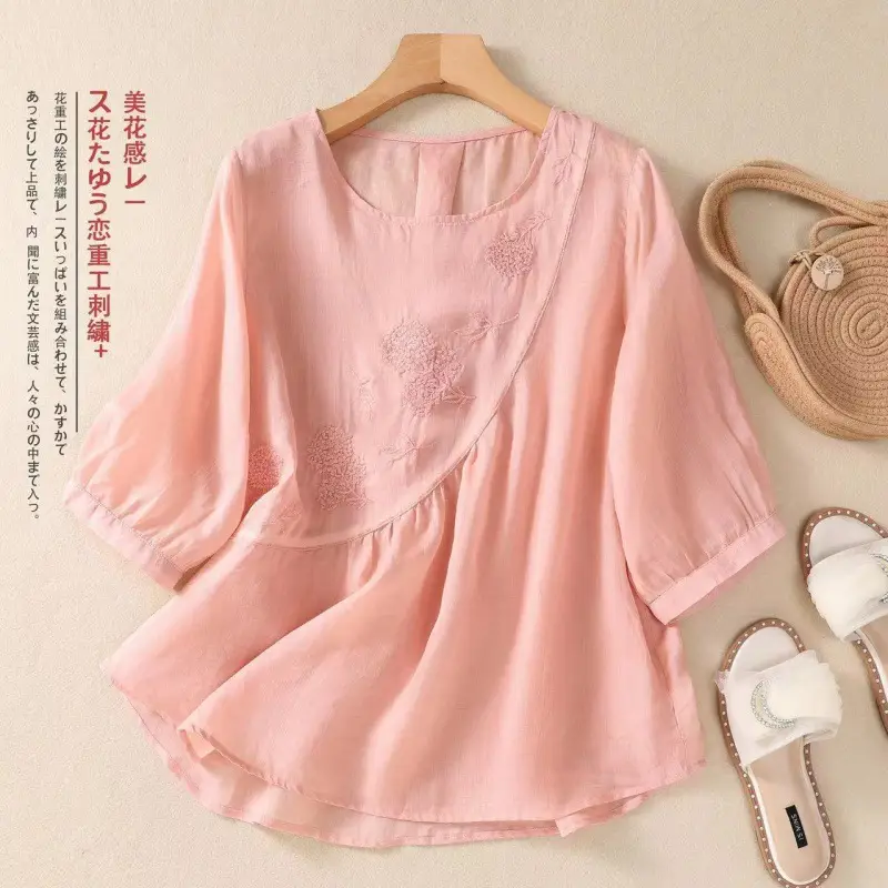 New Shirt T-Shirt Summer Pure Color New Literary Retro Embroidered Cotton and Linen Shirt Loose Round Neck Pullover Top