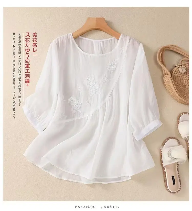 New Shirt T-Shirt Summer Pure Color New Literary Retro Embroidered Cotton and Linen Shirt Loose Round Neck Pullover Top — feature 11