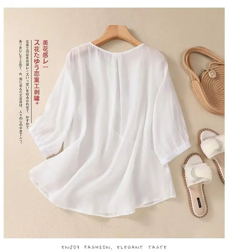 New Shirt T-Shirt Summer Pure Color New Literary Retro Embroidered Cotton and Linen Shirt Loose Round Neck Pullover Top — feature 12