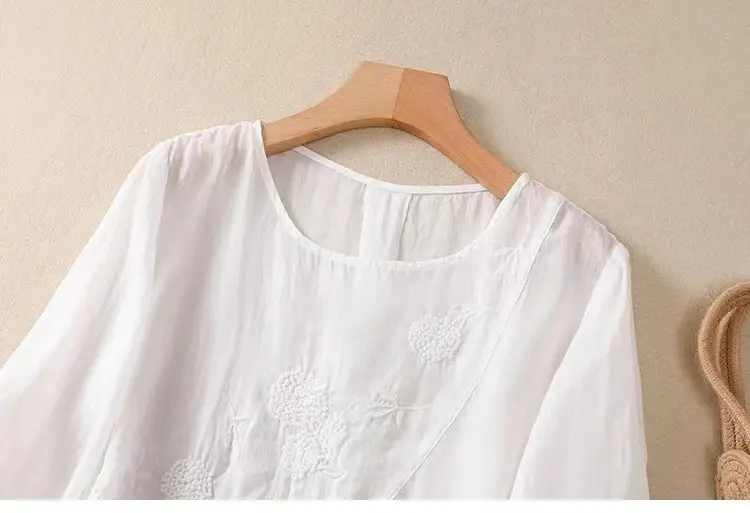 New Shirt T-Shirt Summer Pure Color New Literary Retro Embroidered Cotton and Linen Shirt Loose Round Neck Pullover Top — feature 13