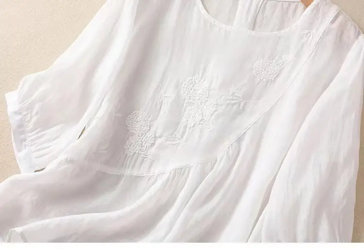 New Shirt T-Shirt Summer Pure Color New Literary Retro Embroidered Cotton and Linen Shirt Loose Round Neck Pullover Top — feature 14
