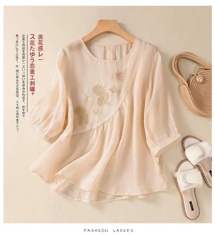 New Shirt T-Shirt Summer Pure Color New Literary Retro Embroidered Cotton and Linen Shirt Loose Round Neck Pullover Top — feature 17