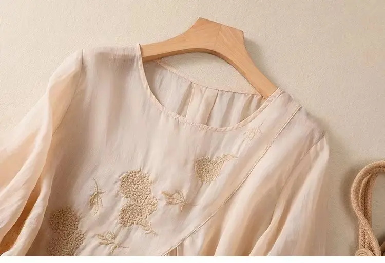 New Shirt T-Shirt Summer Pure Color New Literary Retro Embroidered Cotton and Linen Shirt Loose Round Neck Pullover Top — feature 18