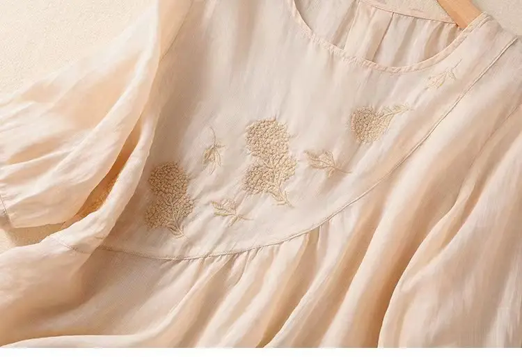 New Shirt T-Shirt Summer Pure Color New Literary Retro Embroidered Cotton and Linen Shirt Loose Round Neck Pullover Top — feature 19